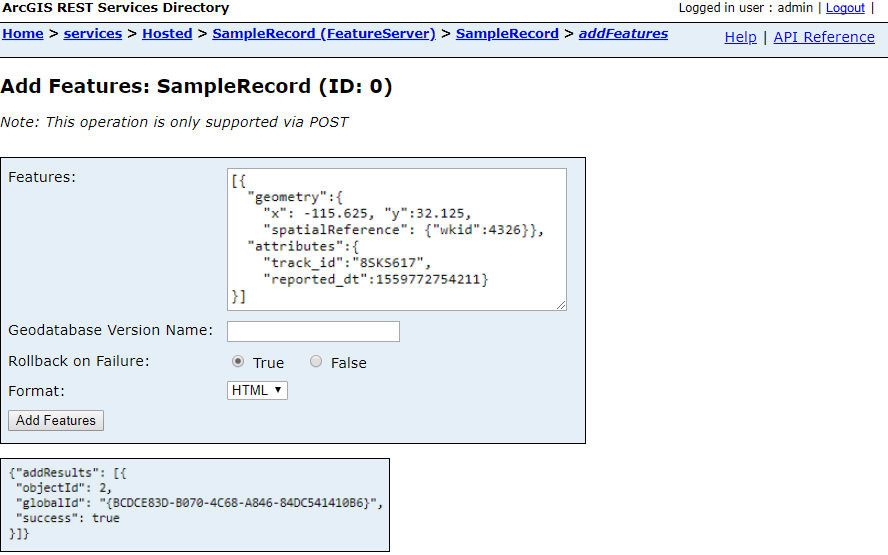 Add Features using ArcGIS REST Services web form